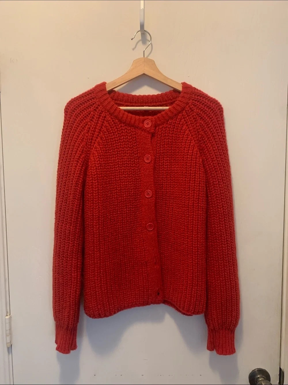 Women's Red Chunky Knit Button-Front Sweater